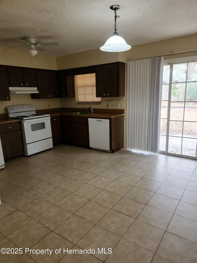 kitchen with white appliances, dark brown cabinetry, hanging light fixtures, and under cabinet range hood