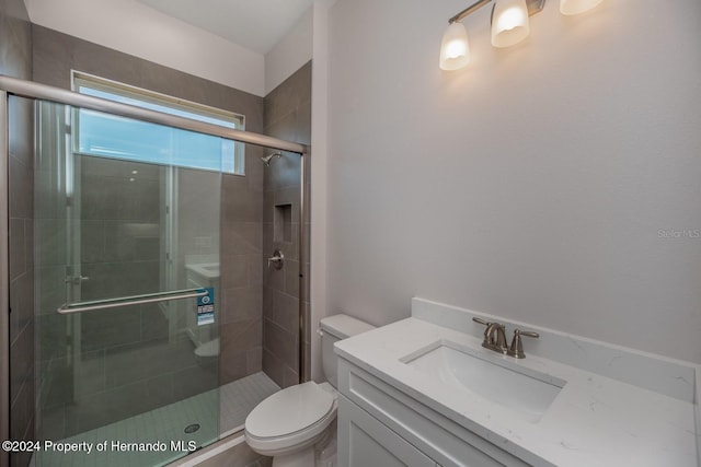 bathroom with vanity, toilet, and an enclosed shower