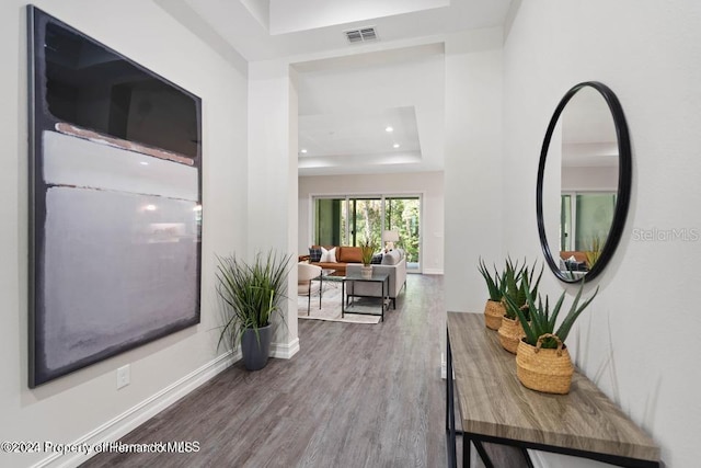 hall with hardwood / wood-style floors and a raised ceiling