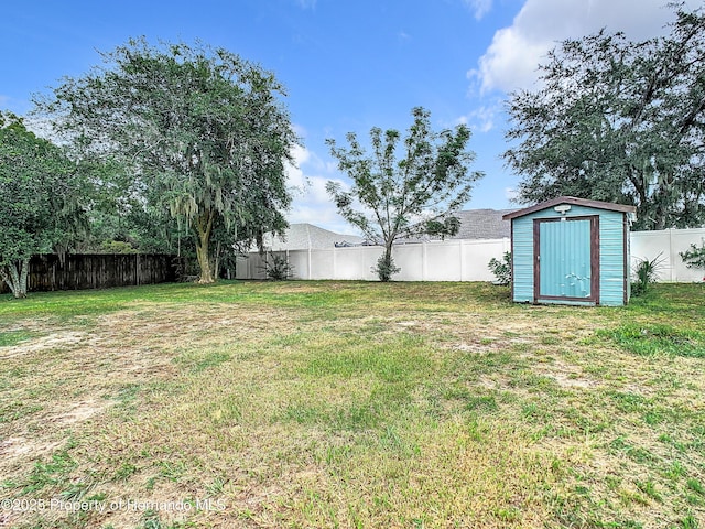 view of yard with a storage shed