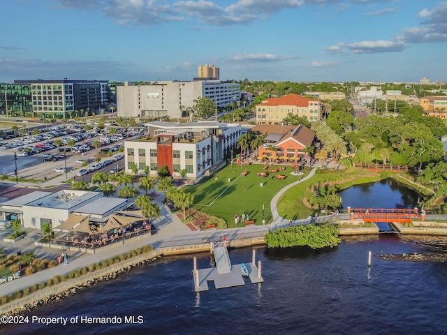 drone / aerial view featuring a water view