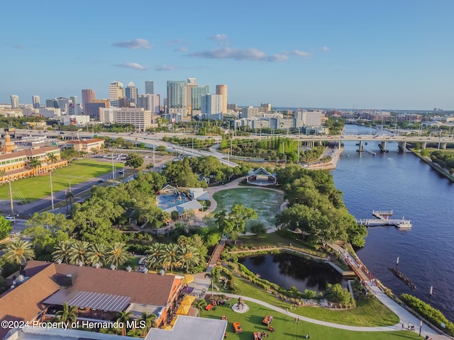 drone / aerial view featuring a water view