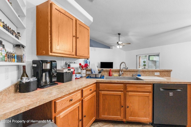 kitchen with sink, vaulted ceiling, stainless steel dishwasher, kitchen peninsula, and ceiling fan