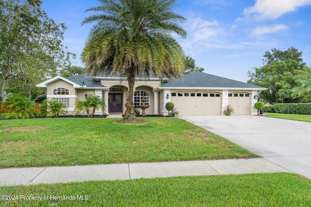 view of front of home with a front yard and a garage