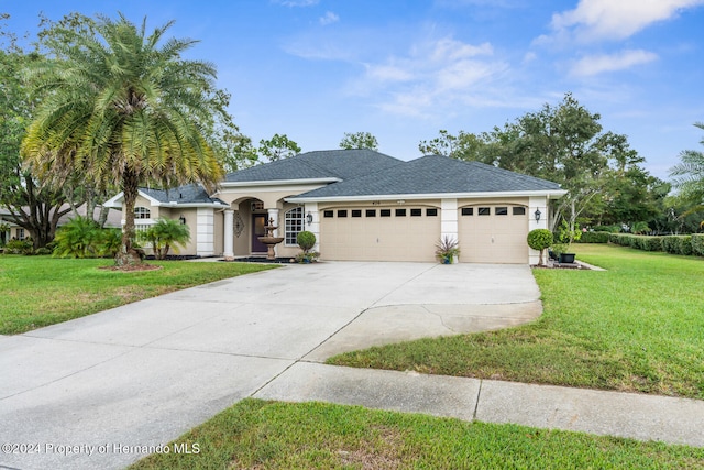 view of front of house with a front yard and a garage