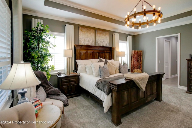 bedroom featuring light colored carpet, multiple windows, a chandelier, and crown molding