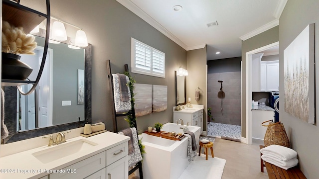 bathroom with vanity, crown molding, and independent shower and bath