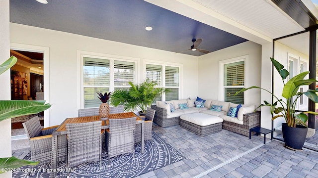 view of patio / terrace featuring ceiling fan and an outdoor hangout area