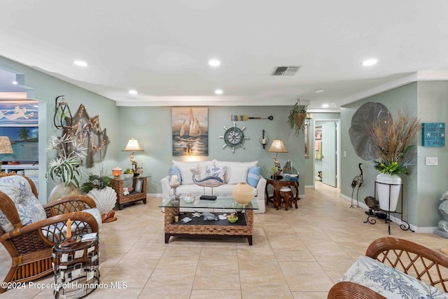 living room featuring light tile patterned floors