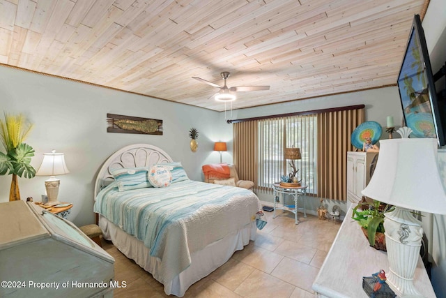 tiled bedroom with wood ceiling and ceiling fan