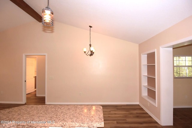 unfurnished dining area with dark wood-type flooring and lofted ceiling