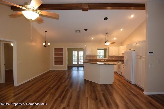 kitchen with white appliances, dark wood-type flooring, sink, high vaulted ceiling, and white cabinets