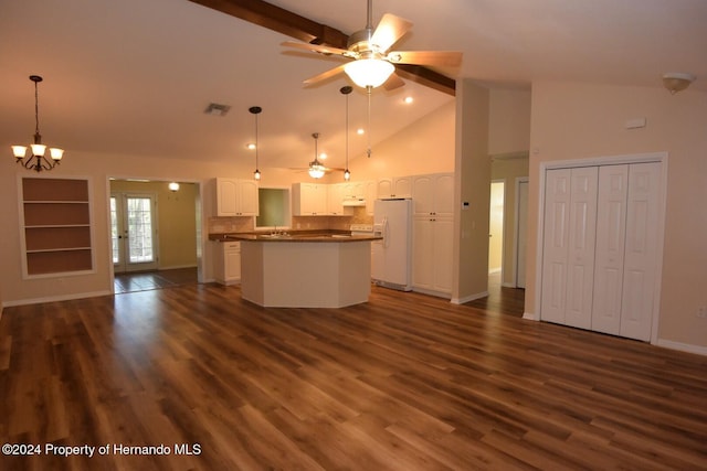 kitchen with pendant lighting, dark hardwood / wood-style flooring, white cabinetry, and white refrigerator with ice dispenser