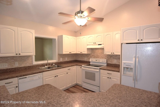 kitchen featuring white appliances, ceiling fan, sink, high vaulted ceiling, and white cabinets