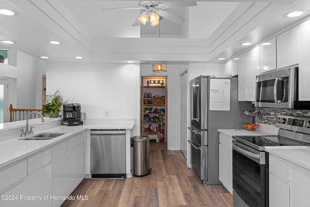 kitchen with stainless steel appliances, white cabinetry, sink, light hardwood / wood-style floors, and a tray ceiling