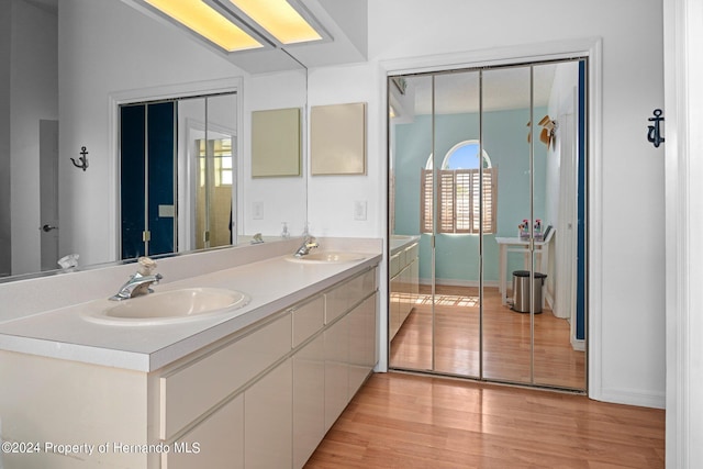 bathroom with hardwood / wood-style flooring and vanity