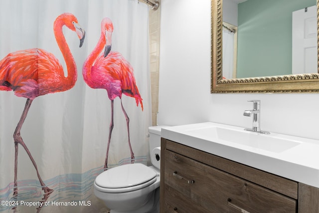 bathroom featuring vanity, toilet, and a shower with curtain