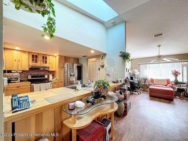 kitchen featuring stainless steel appliances, decorative backsplash, ceiling fan, a skylight, and dark hardwood / wood-style flooring