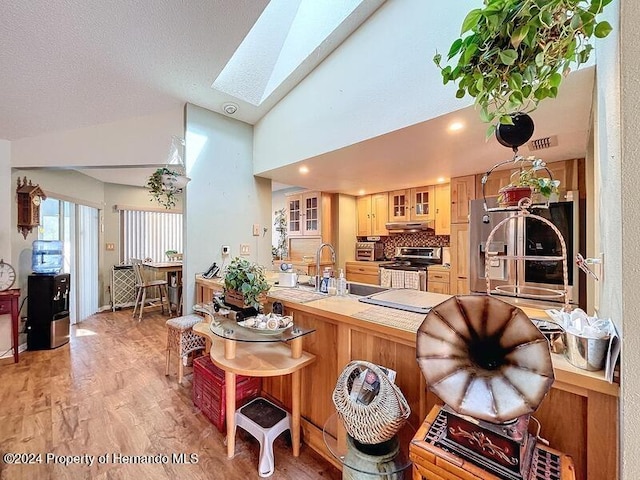 kitchen with stainless steel appliances, backsplash, high vaulted ceiling, sink, and a skylight