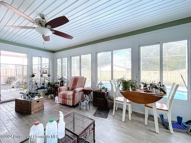 sunroom with ceiling fan and wood ceiling