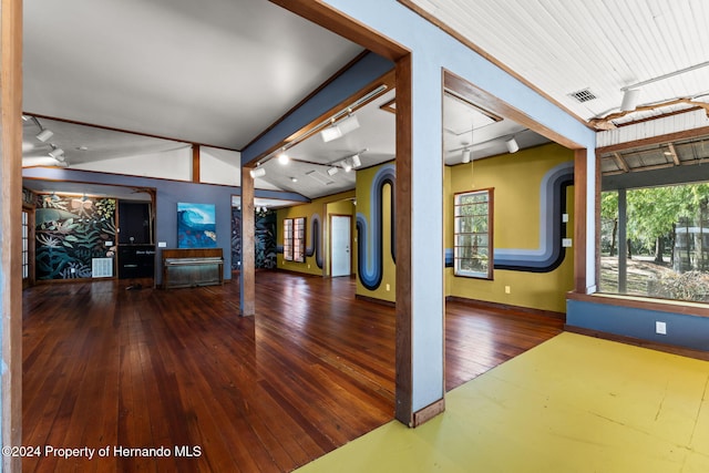 interior space featuring dark hardwood / wood-style floors, a healthy amount of sunlight, lofted ceiling, and rail lighting