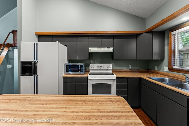 kitchen featuring sink, dark hardwood / wood-style flooring, a textured ceiling, lofted ceiling, and white appliances