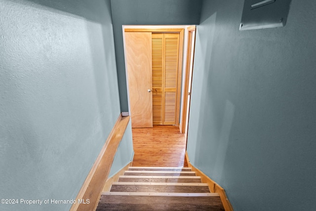 stairs featuring hardwood / wood-style floors