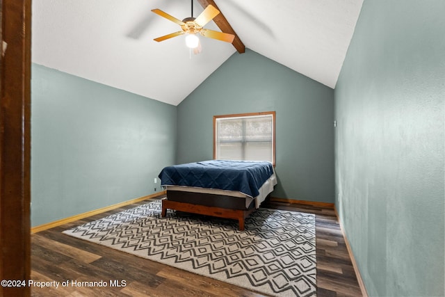 bedroom with vaulted ceiling with beams, ceiling fan, and hardwood / wood-style flooring