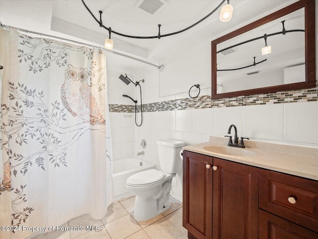 full bathroom with toilet, tile patterned floors, tile walls, vanity, and shower / bath combination with curtain