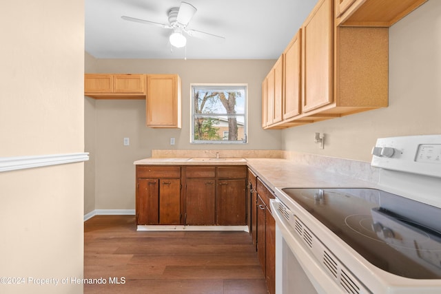 kitchen featuring dark hardwood / wood-style flooring, light brown cabinetry, sink, white stove, and ceiling fan