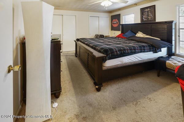 bedroom with ceiling fan, multiple windows, and light colored carpet