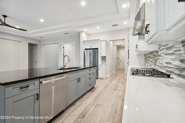 kitchen with sink, a tray ceiling, dark stone countertops, light wood-type flooring, and stainless steel appliances