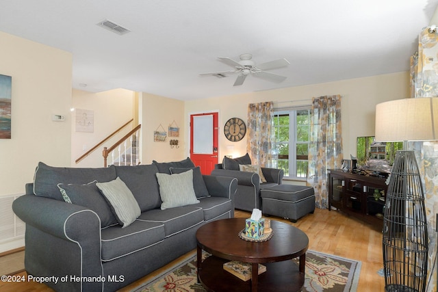 7413 Gettysburg Dr, Weeki Wachee, FL 34607 - living room featuring ceiling fan, wood finished floors, and stairway