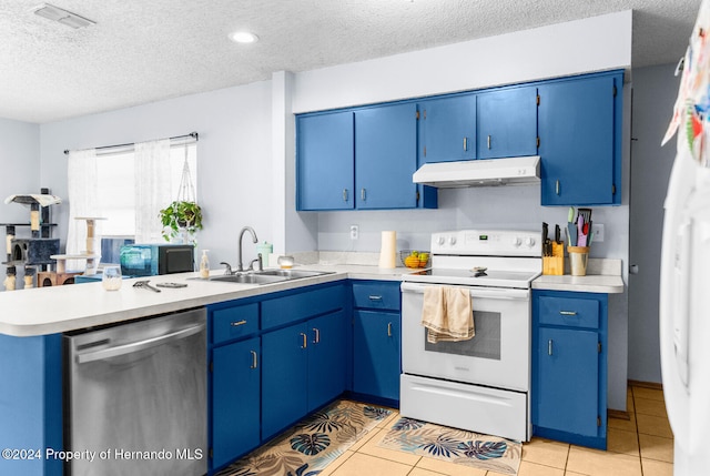 kitchen with stainless steel dishwasher, blue cabinets, sink, light tile patterned floors, and white electric stove