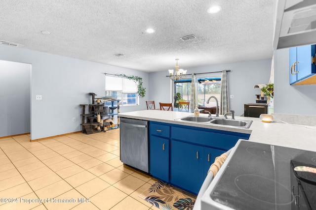 kitchen with dishwasher, sink, blue cabinets, stove, and decorative light fixtures