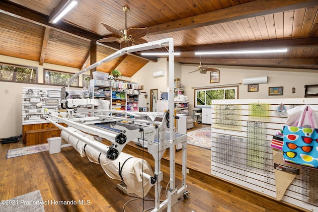 interior space with wood ceiling, lofted ceiling with beams, a wall mounted air conditioner, and hardwood / wood-style flooring