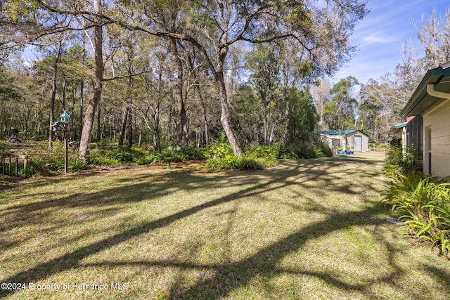 view of yard featuring a garage and an outbuilding