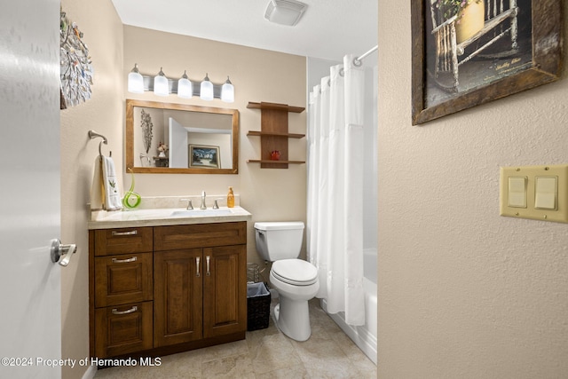 full bathroom with vanity, toilet, and shower / bathtub combination with curtain