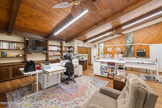 office area with ceiling fan, wood walls, wood ceiling, and light hardwood / wood-style flooring