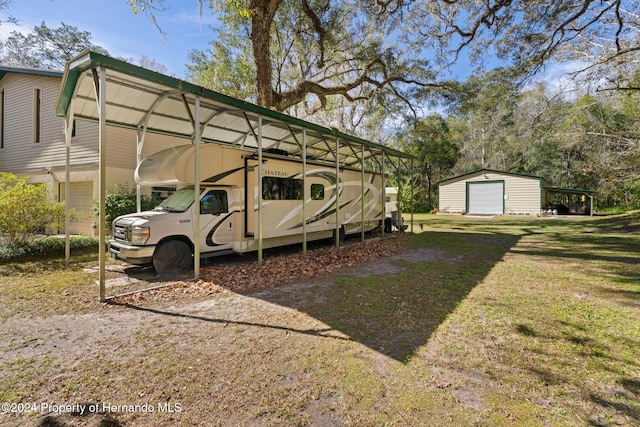 view of parking featuring a lawn, a garage, and a carport