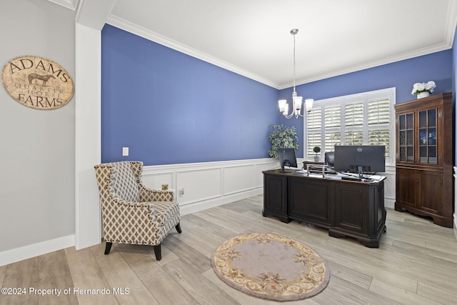 office area with crown molding, a chandelier, and light wood-type flooring