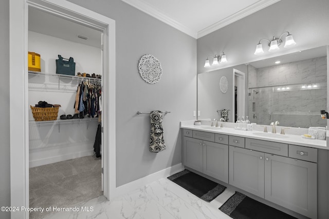 bathroom with crown molding, vanity, and walk in shower