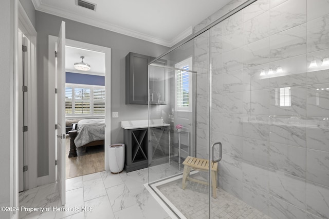 bathroom featuring wood-type flooring, walk in shower, and ornamental molding