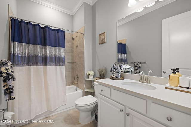 full bathroom with vanity, shower / bath combination with curtain, crown molding, tile patterned flooring, and toilet