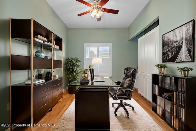 office space with light hardwood / wood-style flooring and ceiling fan