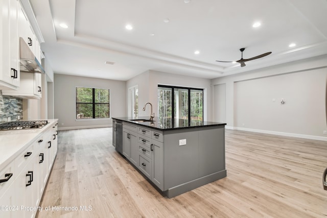 kitchen featuring white cabinetry, sink, light hardwood / wood-style flooring, a tray ceiling, and a center island with sink