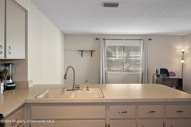 kitchen with kitchen peninsula, sink, gray cabinetry, and a textured ceiling