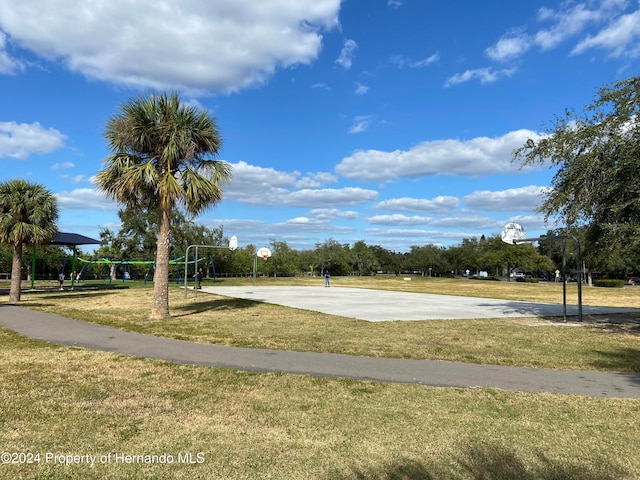 view of property's community with basketball court and a lawn