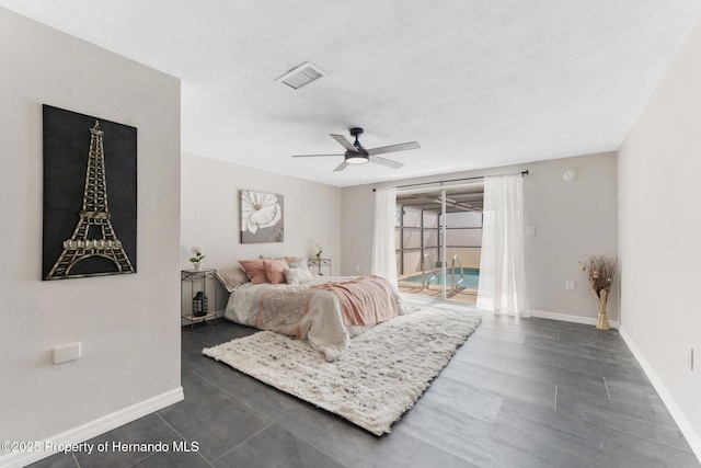 bedroom with access to exterior and ceiling fan