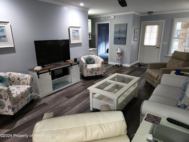 living room featuring dark hardwood / wood-style floors and crown molding